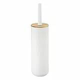 mDesign Scopino bagno elegante e moderno – Portascopino con scopino wc di –In plastica durevole con dettagli in legno – bianco e bambù