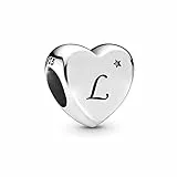 FGT Ciondolo a forma di cuore con lettera iniziale dalla A alla Z, per bracciali, collane, ciondoli in argento Sterling con nome dell'alfabeto, Zirconia cubica, Nessuna pietra preziosa