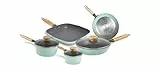 Aeternum Green Induction Wood, Batteria 8 Pezzi, Padelle Antiaderenti, Adatto a Induzione, Manici in Legno di Faggio, Include 3 Padelle, 2 Casseruole, 3 Coperchi, 100% materiali riciclabili, Verde