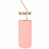 ANOTION Tazza in vetro con cannuccia e coperchio 16 once in vetro bottiglia d'acqua (16 oz, rosa)