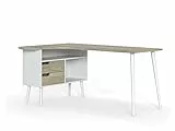 Amazon Brand - Scrivania Scandi Movian ad angolo con mensole e 2 cassetti, 160 x 107 x 76 cm, rovere/bianco