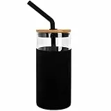 ANOTION Bicchiere in vetro con cannuccia e coperchio, 680 ml, bottiglia d'acqua in vetro con cannuccia tazza da viaggio con protezione in silicone, bicchieri con coperchio in bambù, nero