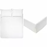 Amazon Basics Set con copripiumino in microfibra, bianco acceso, 200 x 200 cm / 50 x 80 cm x 2 & Lenzuolo con angoli in microfibra, 160 x 200 x 30 cm, Bianco brillante