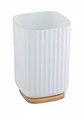Wenko Bicchiere Porta Spazzolini Rotello, Bicchiere per Spazzolini in Plastica e Fondo di Bambù, per Riporre Accessori Dell’Igiene Orale con Pratico Design Rigato, Ø 8,6 X 11,1 Cm, Bianco/Naturale