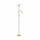 EGLO Lampada da terra Up 2, Piantana da terra a due luci, Lampadario da terra in acciaio, vetro e plastica, bianca, Lampada da lettura in ottone opaco, con interruttore, E27 + E14