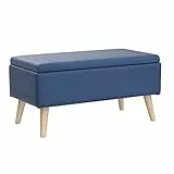 Relaxdays Panca Contenitore, 40x41x80 cm, 40L, Seduta Imbottita, Gambe in Legno, Pouf Cassapanca, 2 Posti, Blu Scuro
