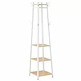 VASAGLE Appendiabiti da Terra, Attaccapanni con 8 Ganci Doppi, 4 Ripiani, Barra Appendi Abiti Cappotti Cappelli Borse, Struttura in Metallo, Ingresso Camera da Letto, Bianco e Rovere LCR080W09