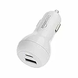 Amazon Basics Caricatore per auto a due porte, con 1 porta USB C (20 W) e 1 porta USB A (12 W), Bianco