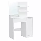 VASAGLE Toeletta, Tavolo da Trucco con Specchio Grande, Scomparto con 2 Ripiani Regolabili, 1 Cassetto, 2 Mensole, Postazione Trucco Moderna, Bianco RDT119W01