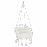 Poltrona Sospesa Da Giardino Corda Di Cotone Effetto Macrame' Struttura Pensile In Acciaio Cuscino Amaca Sedia A Dondolo Con Seduta Imbottita Per Esterno Terrazzo Design Moderno Fino A 160 Kg (Ecrù)