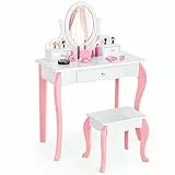 RELAX4LIFE Toeletta con Sgabello per Bambini, Tavolo da Trucco con Specchio Cosmetico Girevole, Struttura Antiscivolo con Sicurezza Anti Ribaltamento, Scrivania e Sgabello da Cameretta (Bianca)