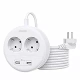 Ciabatta con Montaggio a Muro, Presa multipla Multipresa NTONPOWER 2 Presa Schuko per cavo lungo da 5 metri con 2 USB- Bianco