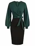 GRACE KARIN Vestito Elagante Slim Donna Tubino Girocollo Manica Lunga Pizzo Chiffon Stile Impero Lungo Verde XL