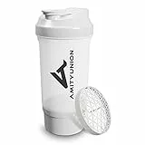 AMITYUNION Shaker per proteine FYRA 700 ml con contenitore - scomparto polvere - shaker per proteine, senza BPA con setaccio e scala per frullati di siero di latte e BCCA, (Bianca)