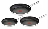 Tefal A704S3 Duetto Set di 3 padelle | 20,24 e 28 cm | indicatore di temperatura integrato | adatto per tutti i piani cottura, anche per piani cottura a induzione, in acciaio inox, 51,5 x 35,5 x 18 cm