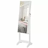SONGMICS Armadietto Portagioie, Specchiera Portagioielli, Specchio da Terra a Lunghezza Completa, Organizzatore per Gioielli con Serratura, Bianco, JJC69WT