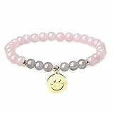 COAI Bracciale da Donna con Perle di Quarzo Rosa e Labradorite con Charm Smile