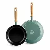 GreenPan Mayflower Set di Padelle con Rivestimento Antiaderente Sana in Ceramica, 20 cm e 24 cm, Set di 2 Pezzi, Manico in Legno Vintage, Senza PFAS, Induzione, Blu Fumé
