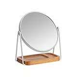Amazon Basics - Specchio cosmetico da tavolo, con vassoio quadrato in bambù, ingrandimento 1x/5x, 19.51 x 8.51 cm, Cromo