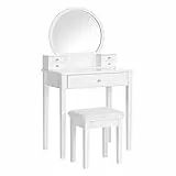 VASAGLE Toeletta con Specchio, Tavolo da Trucco con Sgabello Imbottito e 5 Cassetti, 70 x 40 x 134 cm, Postazione Trucco Moderna, Idea Regalo, Bianco RDT152W01