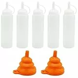 5 Pezzi Bottiglia Squeeze di Plastica, 250 ml Flacone Dosatore con Tappi Include Pieghevole Imbuto,Etichette di Lavagna, Condimento Dispenser Bottiglie Contenitore per Salsa Ketchup Maionese Olio