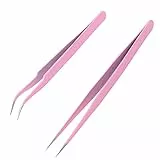 Sularpek 2 Pezzi Pinzetta, Pinzetta Extension Ciglia, Pinzette Diritto e Curvo Tip Pinza, Pinzette per Peli Incarniti Rimozione di Punti Neri Appuntiti in Acciaio Inossidabil (Rosa)