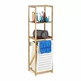 Relaxdays 10022210 Scaffale a Colonna per il Bagno con Cestino Portabiancheria, Bambù, 3 Ripiani, HxLxP 130 x 37 x 33 cm, Marrone