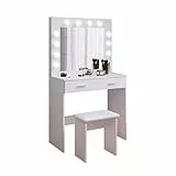 Toeletta Trucco con 12 Luci LED Hollywood, Tavolo da Trucco Moderno con Specchio, Sgabello e 2 Cassetti, 80x40x140cm, Bianco