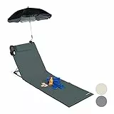 Relaxdays Materassino da Spiaggia, Lettino Imbottito XXL, Ombrellino, Regolabile, Cuscino&Borsa, Pieghevole, Antracite