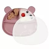 Runup Piatto per Bambini con Ventosa, Piatto Rosa con Ventosa e Coperchio, Piatto per Bambini Diviso Senza BPA, Adatto al Microonde e Lavabile in Lavastoviglie Piatto Bambini in Silicone Con Ventosa