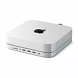 SATECHI Tipo-C Stand e Hub Con Alloggiamento SSD - Adatto Per SSD SATA M.2, Porta Dati USB-C, Lettori Di Schede Micro/SD, Porte USB-A e Jack Per Cuffie - Per Mac Mini M2/M1, Mac Studio (Argento)