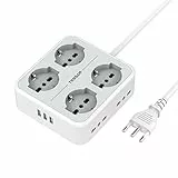 TESSAN Ciabatta Multipresa con USB, Multipresa Elettrica con 4 Schuko e 4 Bivalenti 10A/16A, Ciabatta Multipresa con 3 USB e Interruttore Bipolare, Multipresa con Cavo 2M e Spina 16A, 3680W