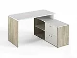 Marchio Amazon - Movian Rettangolare Scrivania Siena ad angolo con mensole e cassetti, Bianco/Rovere, 130 x 120 x 75 cm
