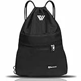 WESTWOOD FOX WFX - Borsa con coulisse, impermeabile, per sport, palestra, per donne e uomini, in polietilene, tasca esterna con cerniera, scuola, spiaggia, vacanze, Nero