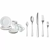 Amazon Basics 16-Piece Dinnerware Set, Service for 4, AB-grade porcelain, White and 20-Piece Stainless Steel Flatware Set with Square Edge, Service for 4