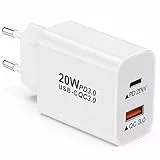 Caricatore USB C Rapido 20W, Alimentatore USB C Caricatore iPhone 2Porta PD&QC3.0 Caricatore USB, Presa USB C Caricabatterie USB C Type C Spina Adattatore per iPhone 14 13 12 11 Pro Max,Samsung Galaxy