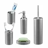 Relaxdays Bagno Completo, 5 Accessori, Kit WC Acciaio Inox Spazzolato, Portaspazzolino, Sapone e Saponetta, Argento, 90% 10% plastica, Set da 1 pz