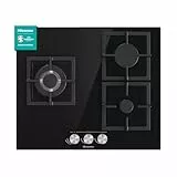 Hisense - GG633B, Piano cottura a gas, 3 fuochi, 60 cm, griglia in ghisa e vetro temperato nero, autoaccensione incorporata nei comandi, sicurezza GasStop, facile pulizia