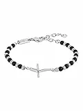 Breil, Collezione Code, Bracciale Uomo, Bracciale Rosario Uomo in Acciaio, con Pietre Naturali di Onice, con Iconica Croce Pratica Chiusura a Moschettone, Misura 17 cm, Nero e Argento