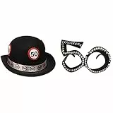 Folat Cappello a bombetta nero con segnale stradale 50 anni & Occhiali con montatura di diamanti neri 50 anni