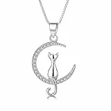 Belons Collana da donna con ciondolo a forma di gatto in argento Sterling 925 con zirconi cubici e gatto in luna per ragazze e bambini, Pietra, Zirconia cubica