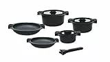 Tognana Avantspace, Set di pentole e 2 padelle antiaderenti, 3 casseruole, 3 coperchi trasparenti, salvaspazio con manico amovibile, 8 Pezzi, Alluminio, Nero, per gas e induzione