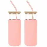 ANOTION Tumbler con cannuccia e coperchio, borraccia in vetro con custodia in silicone con coperchio in bambù, 450 ml, rosa, 2 pezzi