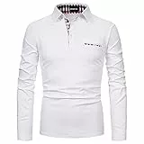 APAELEA Polo da Uomo a Manica Lunga Cotone Reticolo Cuciture Casuale Basic Golf Camicie Tops,Bianco,3XL