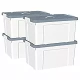 Cetomo Scatola portaoggetti in plastica 90L*4, contenitore per organizzare con coperchio durevole e fibbie di chiusura sicura, impilabile e annidabile, 4 pezzi, bianco