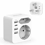 Hoppac Adattatore Presa Inglese, Adattatore Spina Inglese Con 3 USB e 1 USB C（3.4A,17W）, Adattatore UK Con Spina Europea e Schuko, Adattatore Di Tipo G Adatto per Regno Unito, Irlanda, Dubai, Maldive