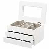 BAKAJI Portagioie Donna Colore Bianco, Scatola Custodia Porta Gioielli in Legno 2 Cassetti e Coperchio con Specchio, Portagioielli Dimensione 16,50 x 24 x 13,50 cm Design Shabby Chic