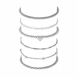 Branets - Set di braccialetti con perline in argento a strati a forma di cuore, accessori per le donne e le ragazze (6 pezzi)