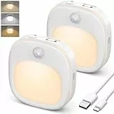 Luce Notturna Bambini [2 Pezzi], 3 Colori Luce Notturna Sensore Movimento, 5 Livelli Dimmerabile Luce Notturna Ricaricabile Tipo-C, Luce Armadio Led con Sensore per Corridoio, Scale, Bagno