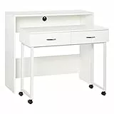 HOMCOM Tavolo Scrivania Salvaspazio per Camera e Ufficio, Scrivania con Cassetti e Ruote, Postazione di Lavoro Doppia o Singola, 100x36x88cm, Bianco